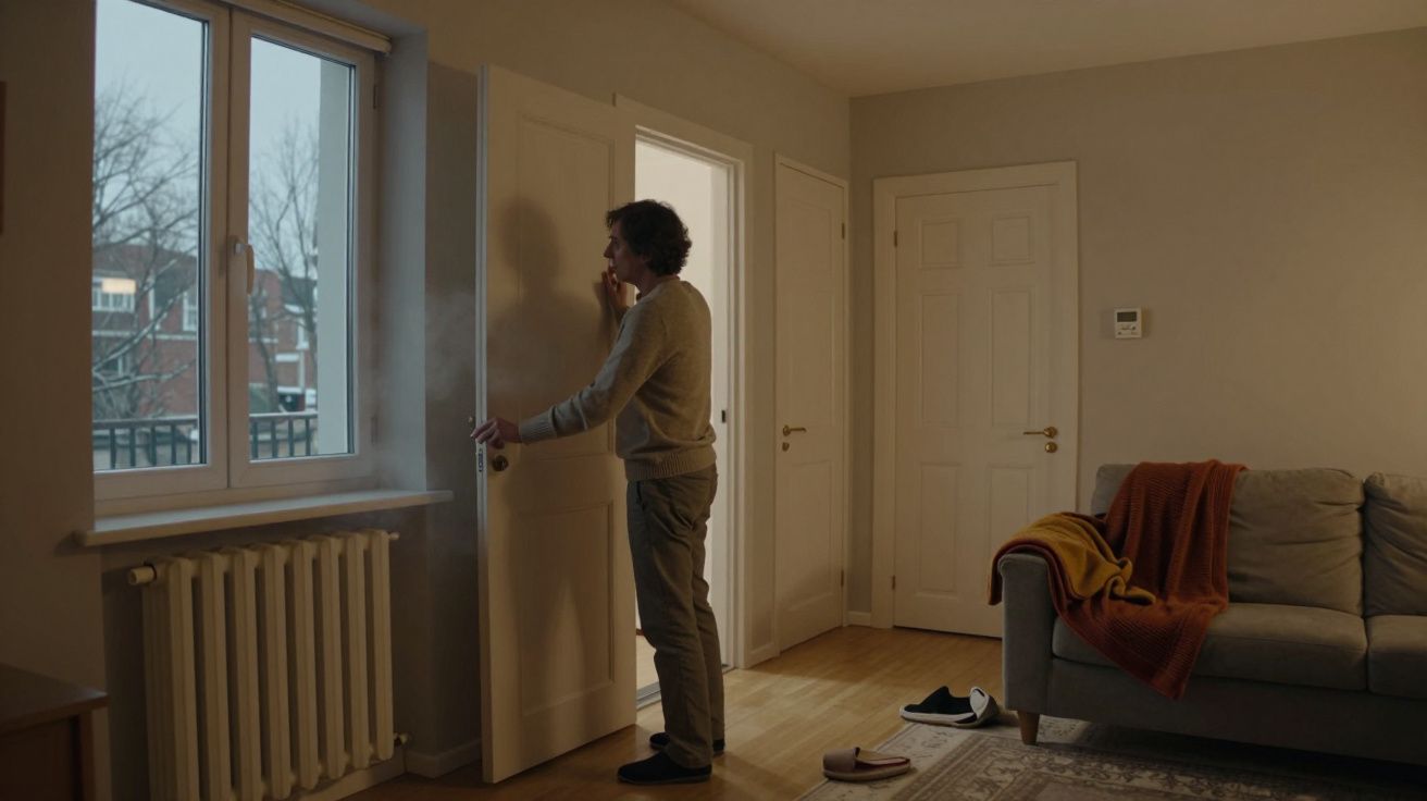Homem de pé junto a uma porta aberta numa sala de estar, ao lado de uma janela com vista exterior.