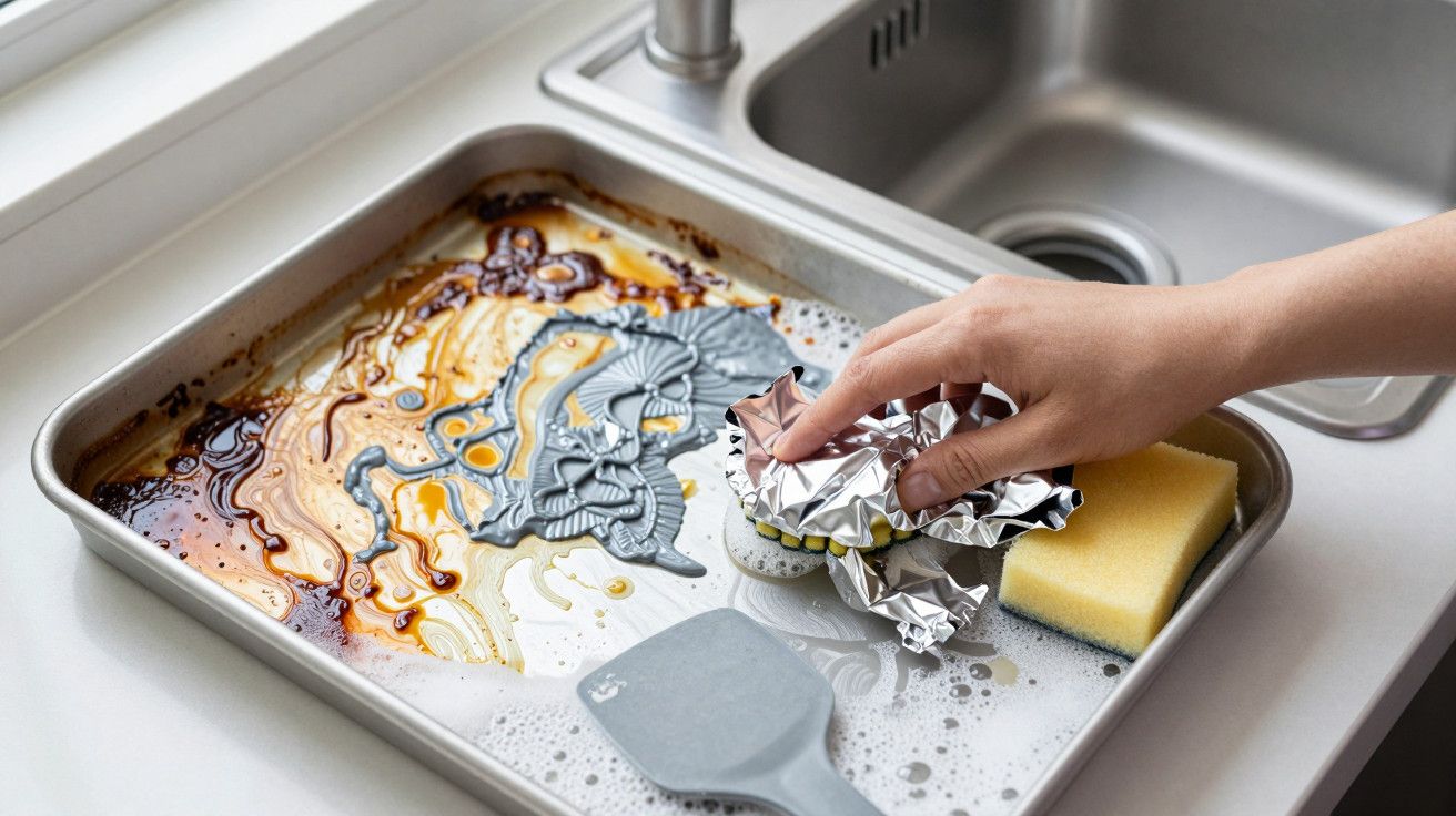 Mão a limpar tabuleiro sujo com bola de alumínio e esponja junto ao lava-loiça.
