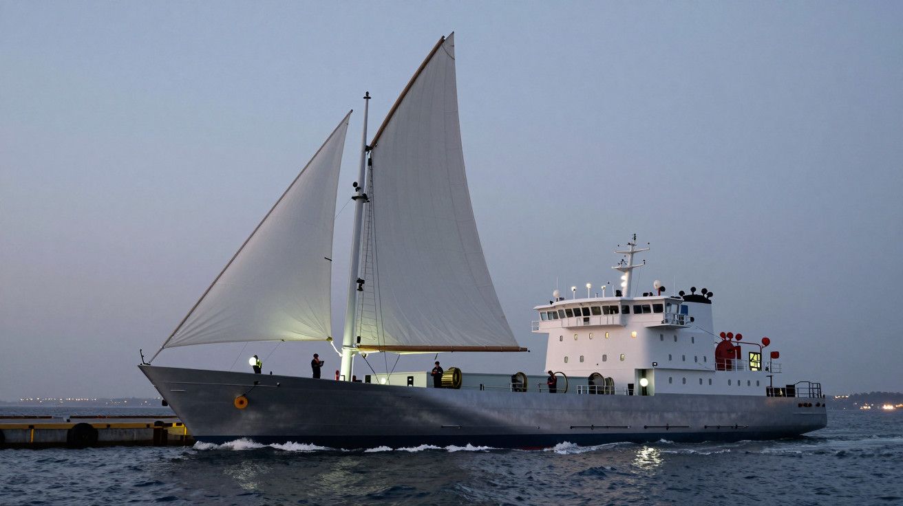 Navio a vela cinza navegando ao amanhecer, com luzes acesas e várias pessoas a bordo.