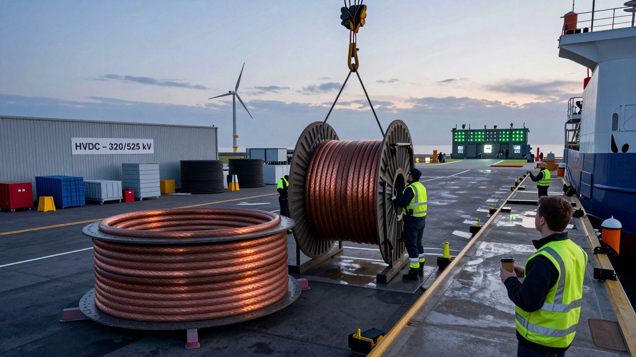 Trabalhadores maneiam carretéis de cabos de cobre em um porto, com um navio e turbinas eólicas ao fundo.
