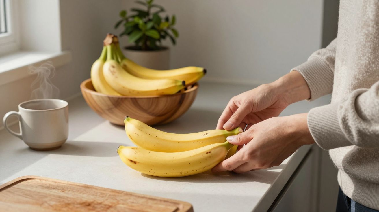 Pessoa segurando bananas perto de uma tigela com mais bananas, caneca de café e uma planta, em cima de uma bancada.