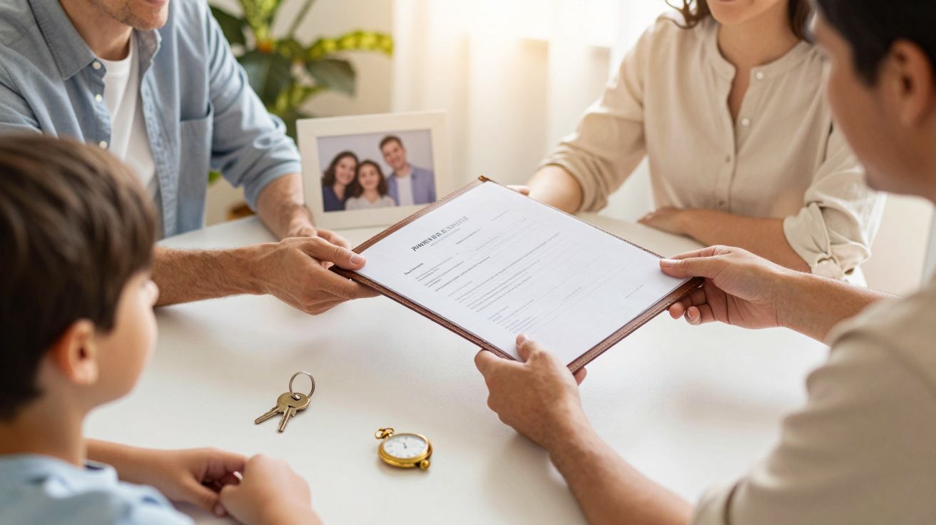Família sentada à mesa, segurando documentos de propriedade, com chaves e relógio à frente. Foto de família ao fundo.
