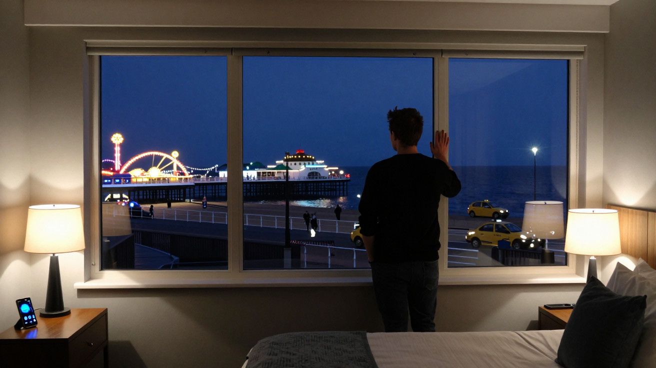 Homem observa vista noturna do parque de diversões e do mar através da janela do quarto iluminado.