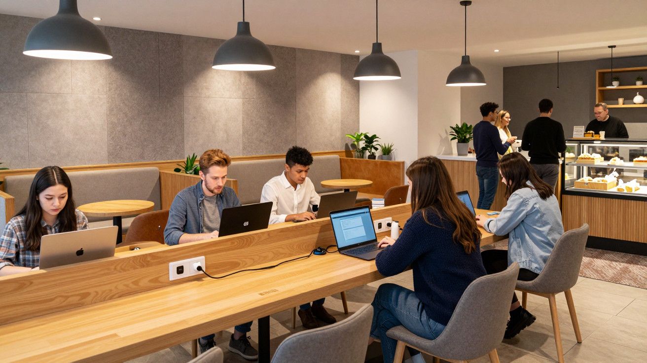 Pessoas trabalhando em portáteis numa cafetaria moderna, com mais pessoas a conversar junto ao balcão ao fundo.