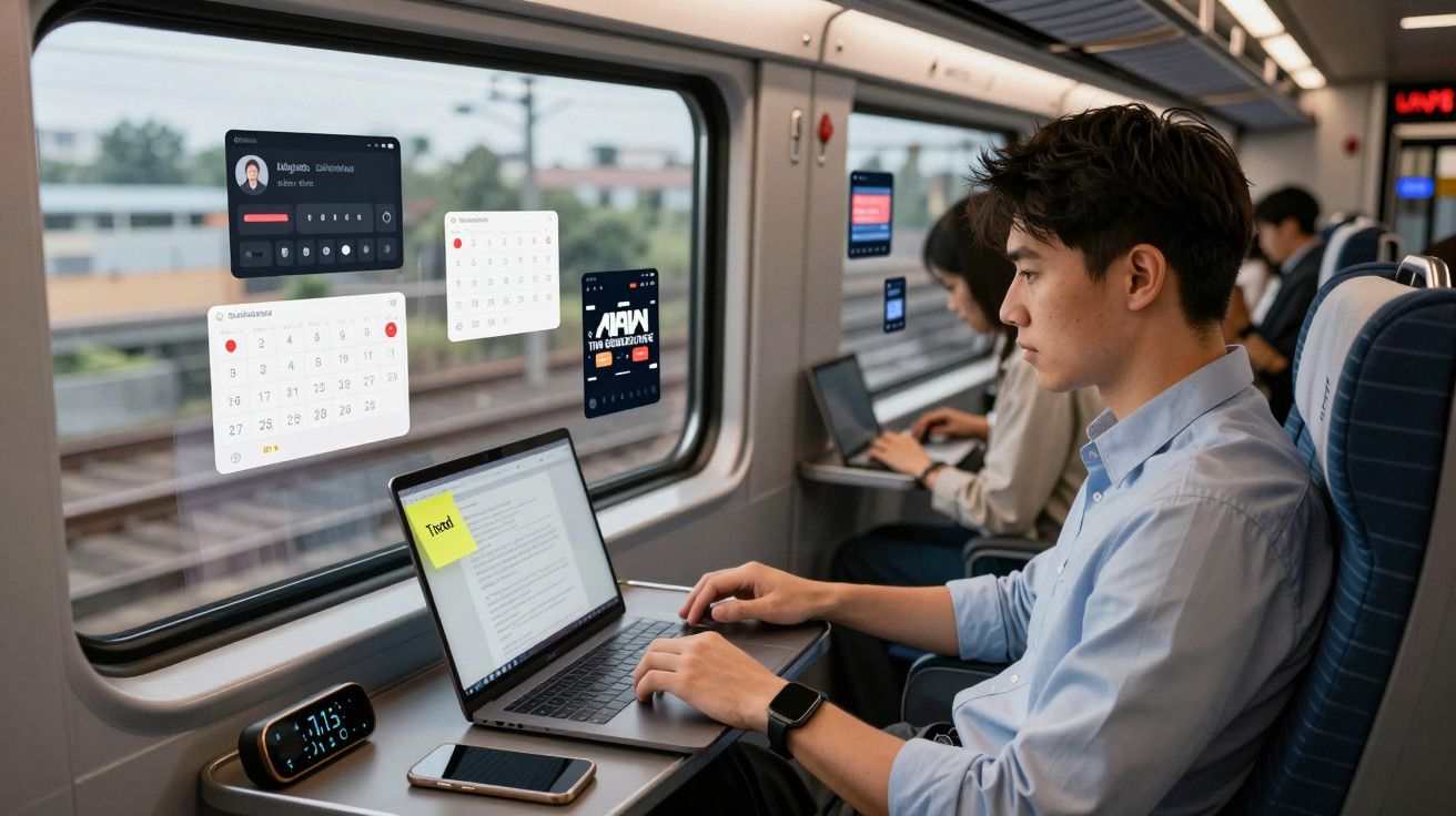 Homem trabalhando num portátil num comboio, com calendários e ecrãs digitais projetados na janela ao seu lado.