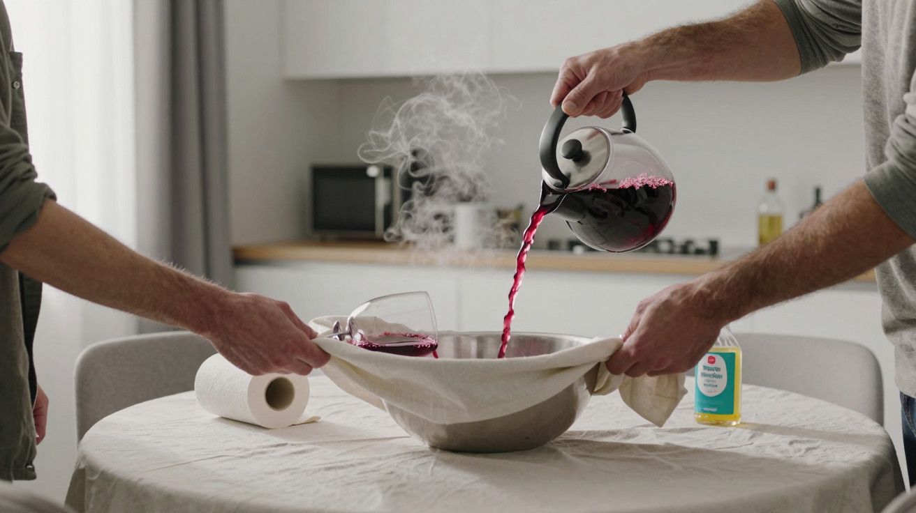 Duas pessoas vertem líquido roxo num pano sobre tigela numa cozinha. Fumaça visível, rolo de papel e frasco ao lado.