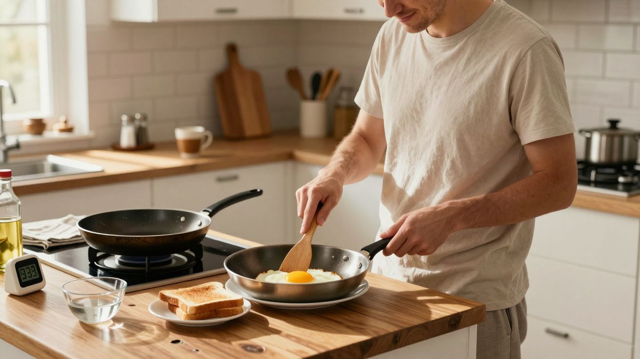 Homem a cozinhar ovos estrelados numa frigideira numa cozinha moderna, com pão e água sobre a bancada.