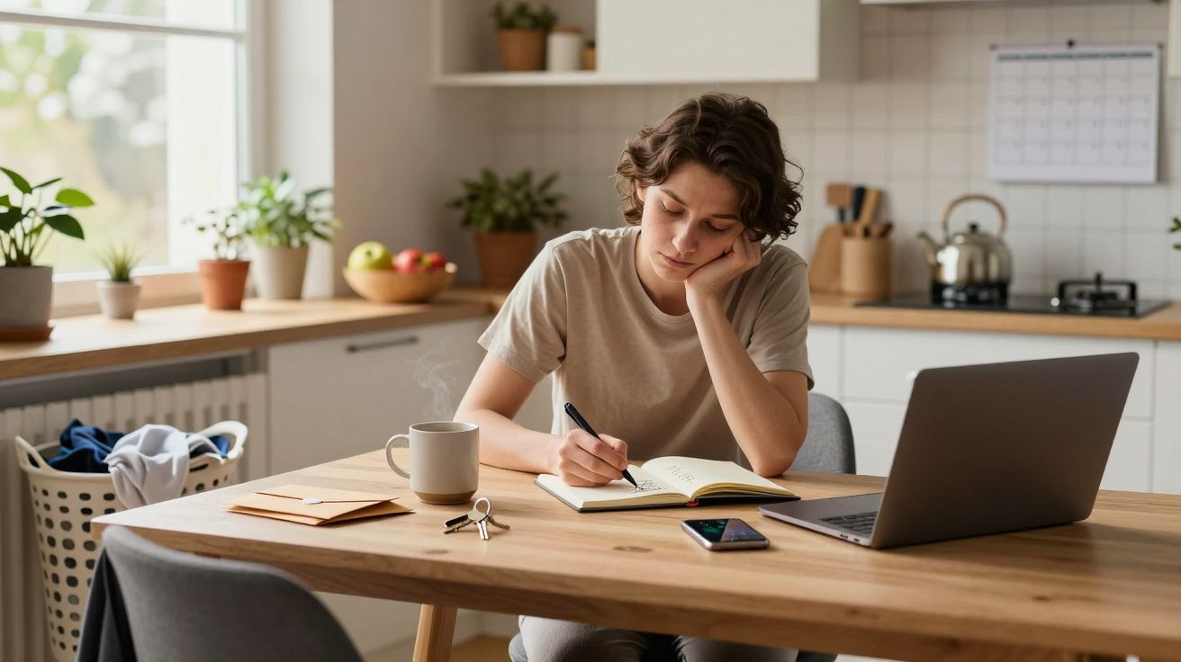 Pessoa a estudar na mesa da cozinha com portátil, chávena, caderno e smartphone. Plantas e cesto ao fundo.