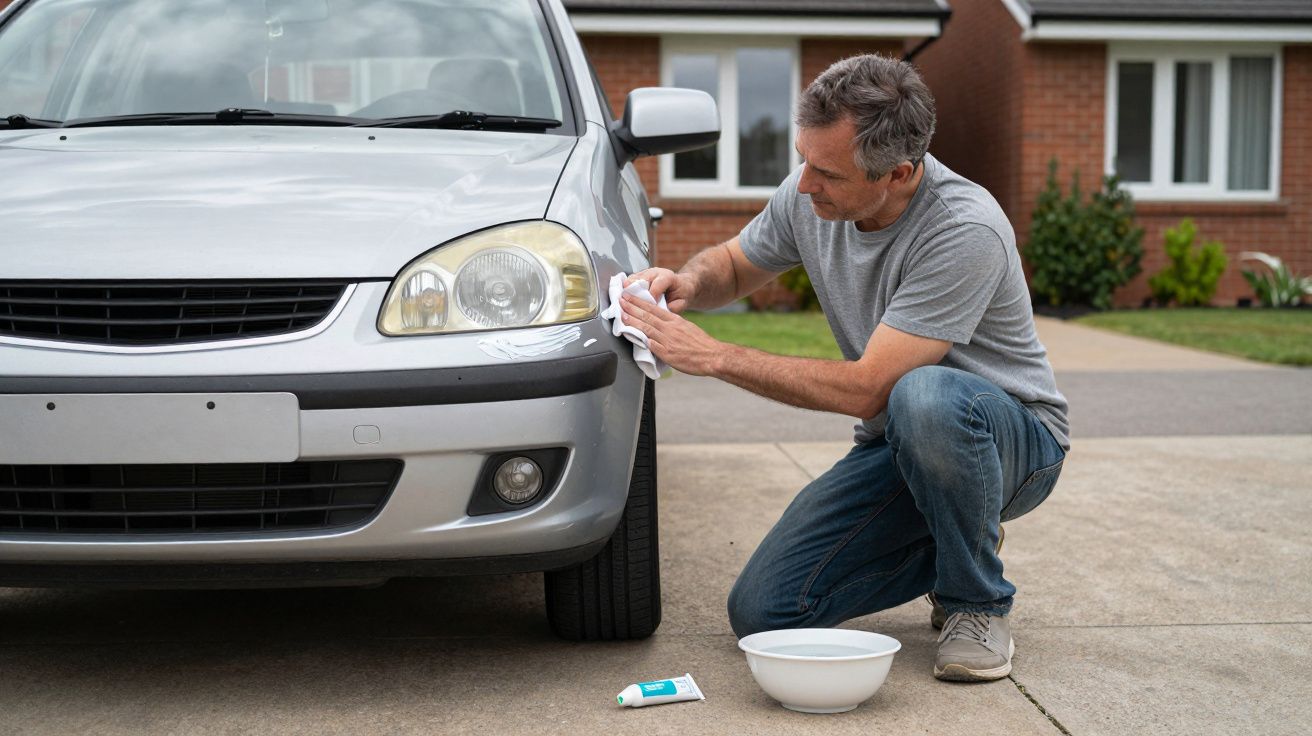 Homem limpa o farol de um carro prateado com um pano.