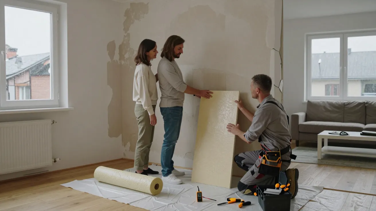 Três pessoas discutem a colocação de papel de parede num quarto em renovação, com ferramentas no chão.