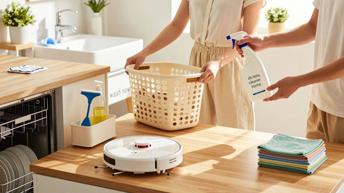 Duas pessoas numa cozinha com cesto de roupa, spray de limpeza e um robô aspirador sobre a bancada.