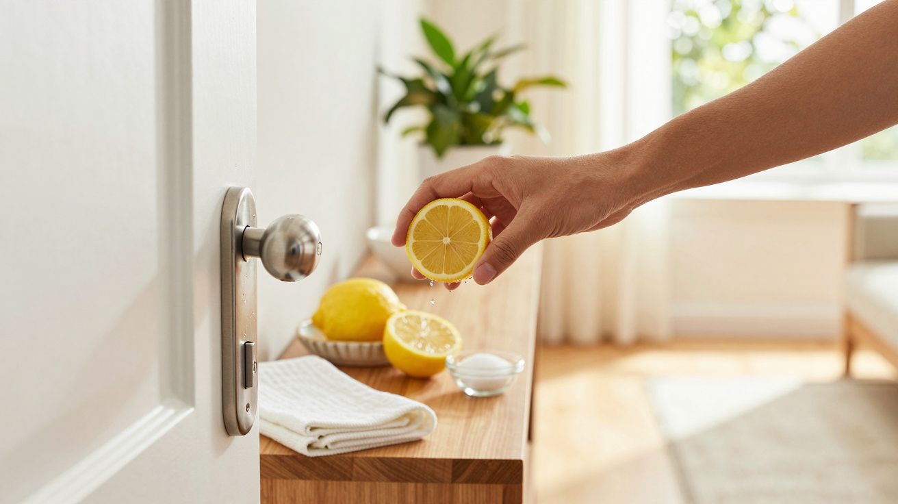 Mão espreme limão sobre mesa de madeira, com toalhas brancas e limões ao fundo, perto de maçaneta.