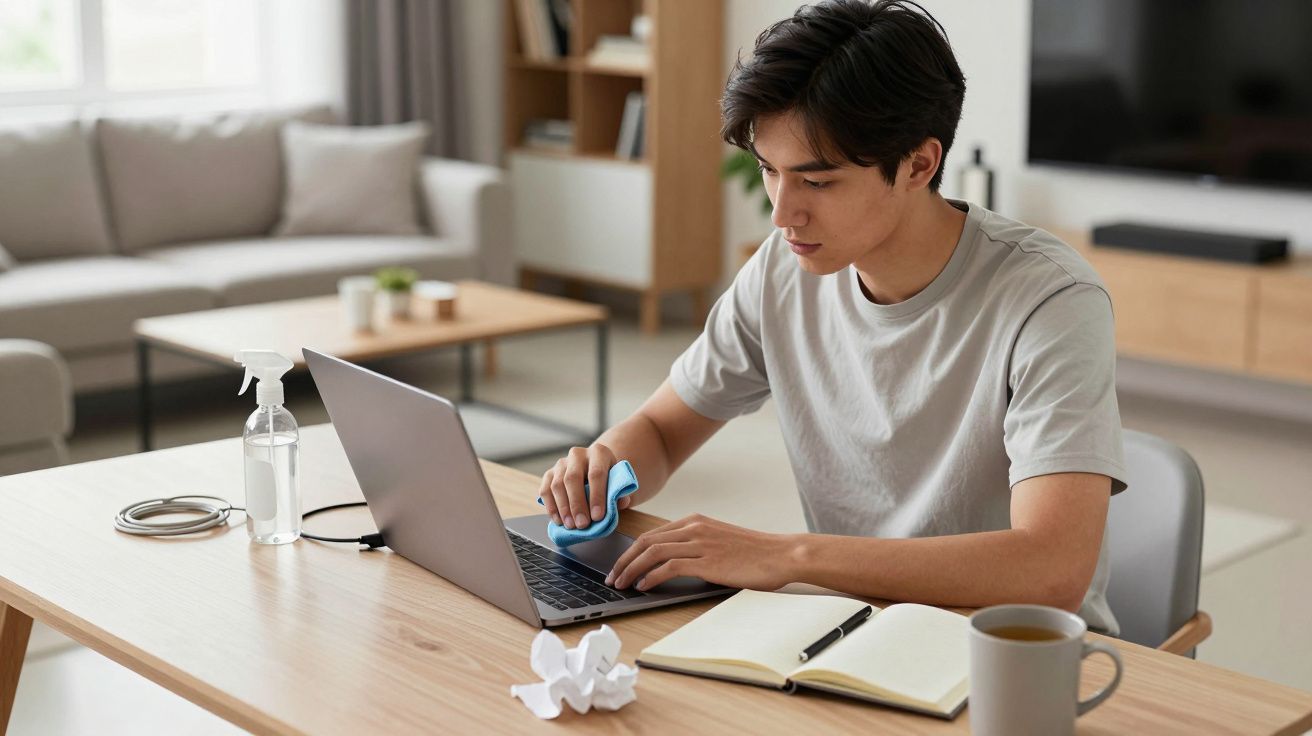 Homem jovem limpa o teclado do portátil em mesa de madeira, com caderno, chávena e garrafa de spray ao lado.
