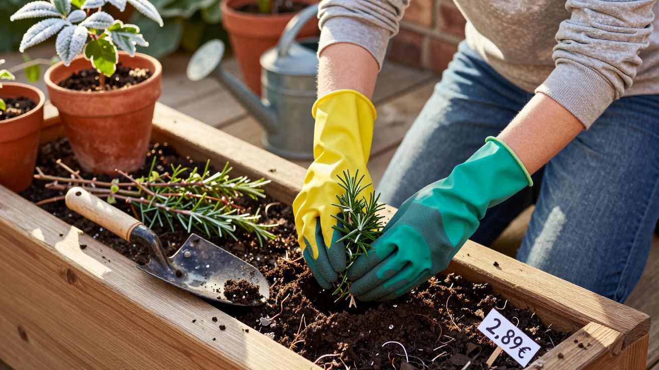 Pessoa com luvas coloridas a plantar alecrim numa caixa de madeira, com uma pá e outros vasos ao redor.
