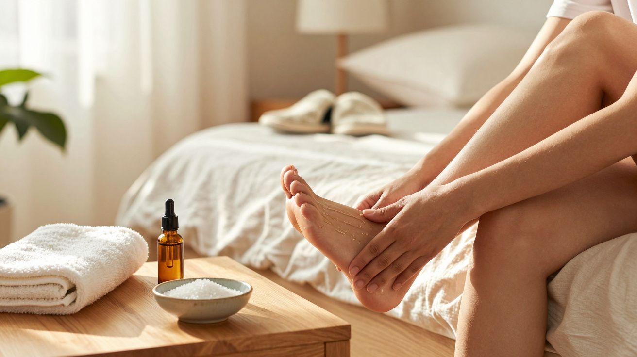 Mulher aplica óleo nos pés sentada numa cama; toalhas e frasco de óleo em mesa de madeira.