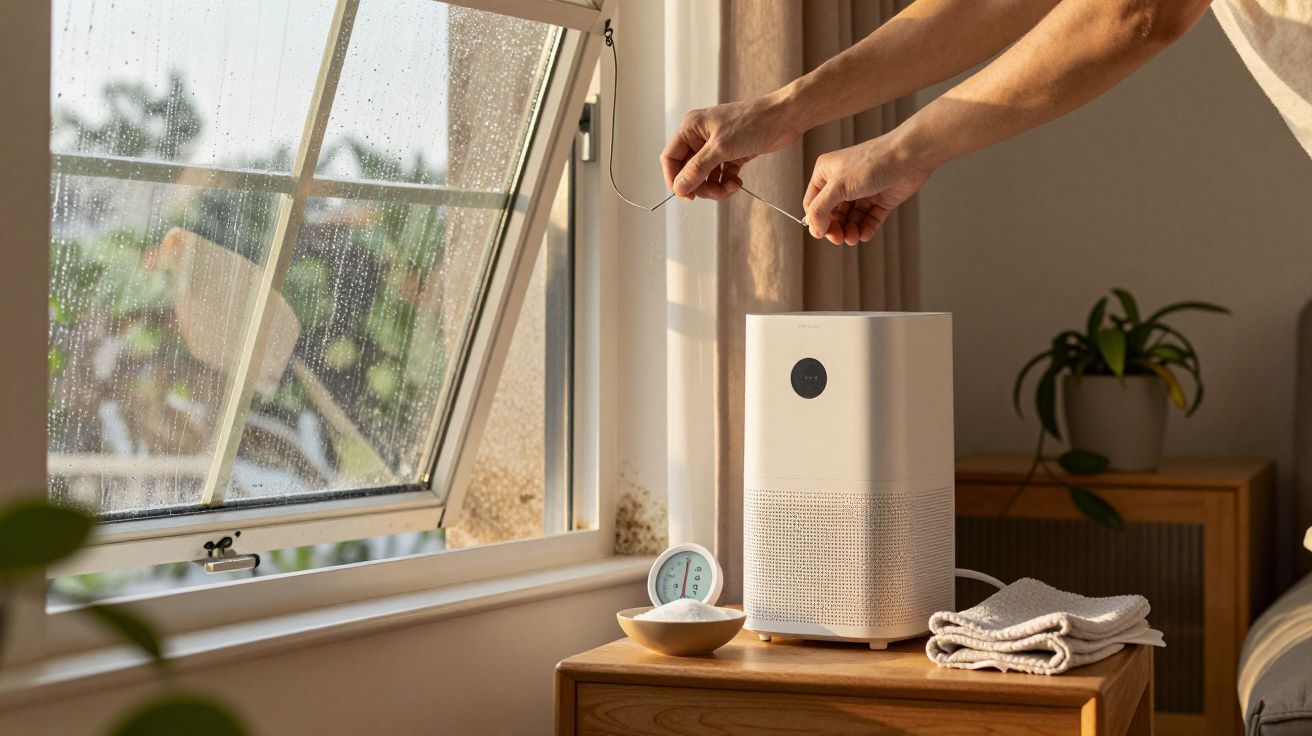 Pessoa ajusta estore perto de janela aberta, com desumidificador e plantas sobre mesa de madeira.