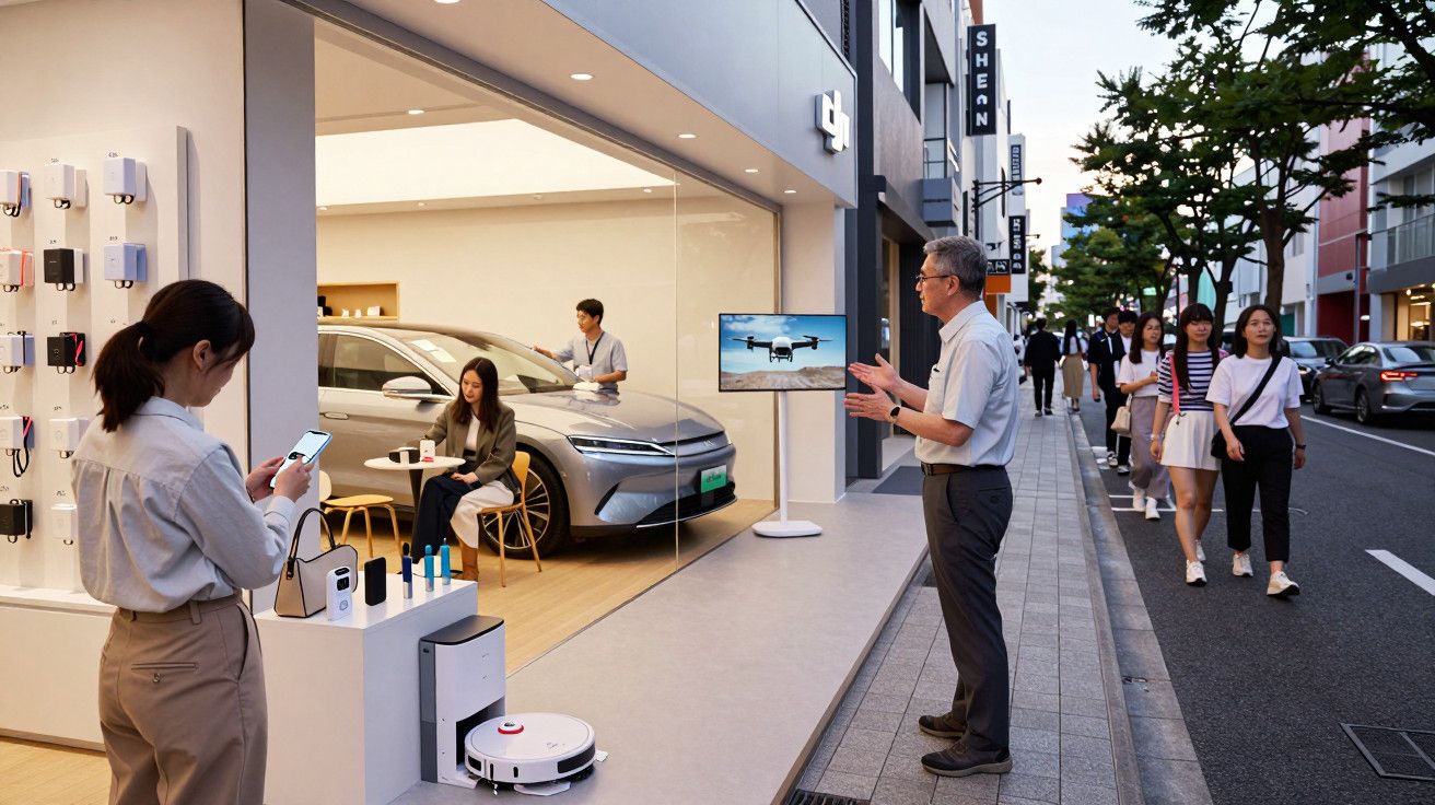 Loja moderna com carros e tecnologia, homem apresenta drone na rua, várias pessoas observam.