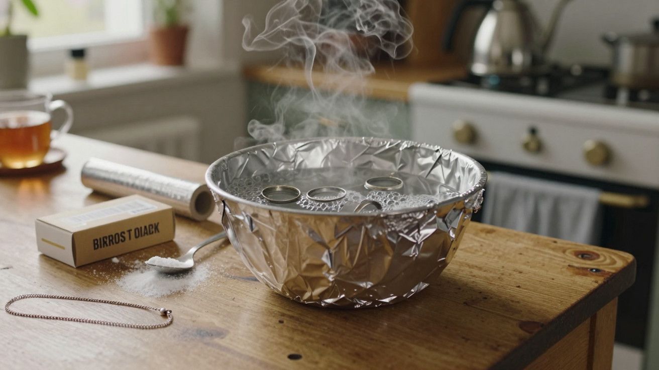 Tigela com anéis a ferver em solução, folha de alumínio, caixa de bicarbonato de sódio e chávena de chá sobre a mesa.