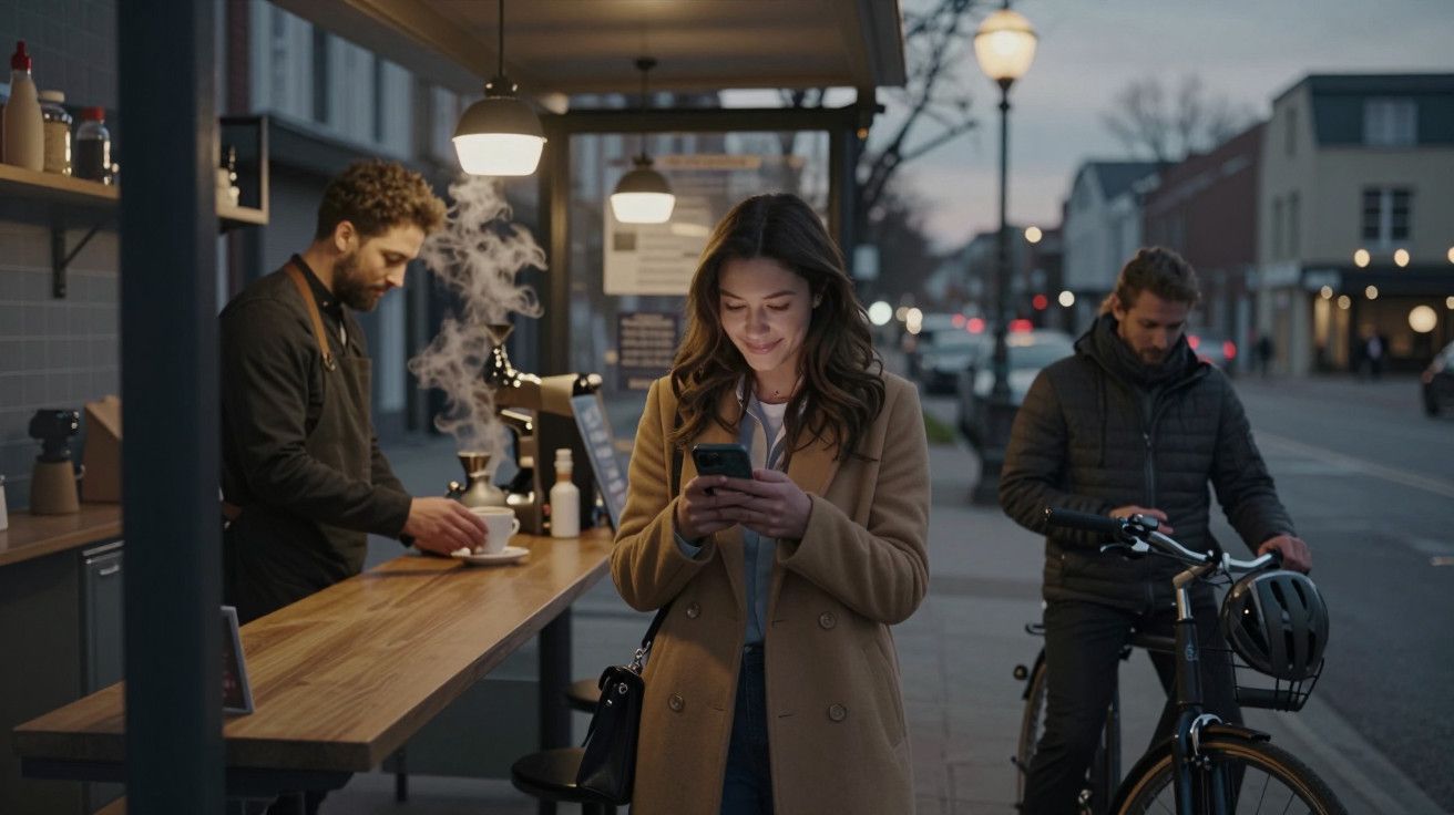 Mulher a usar telemóvel junto a café de rua, com um homem a preparar bebida e outro ao lado de uma bicicleta.