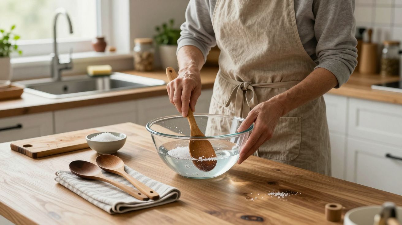 Pessoa mistura ingredientes numa taça de vidro numa cozinha moderna, com utensílios de madeira sobre a bancada.