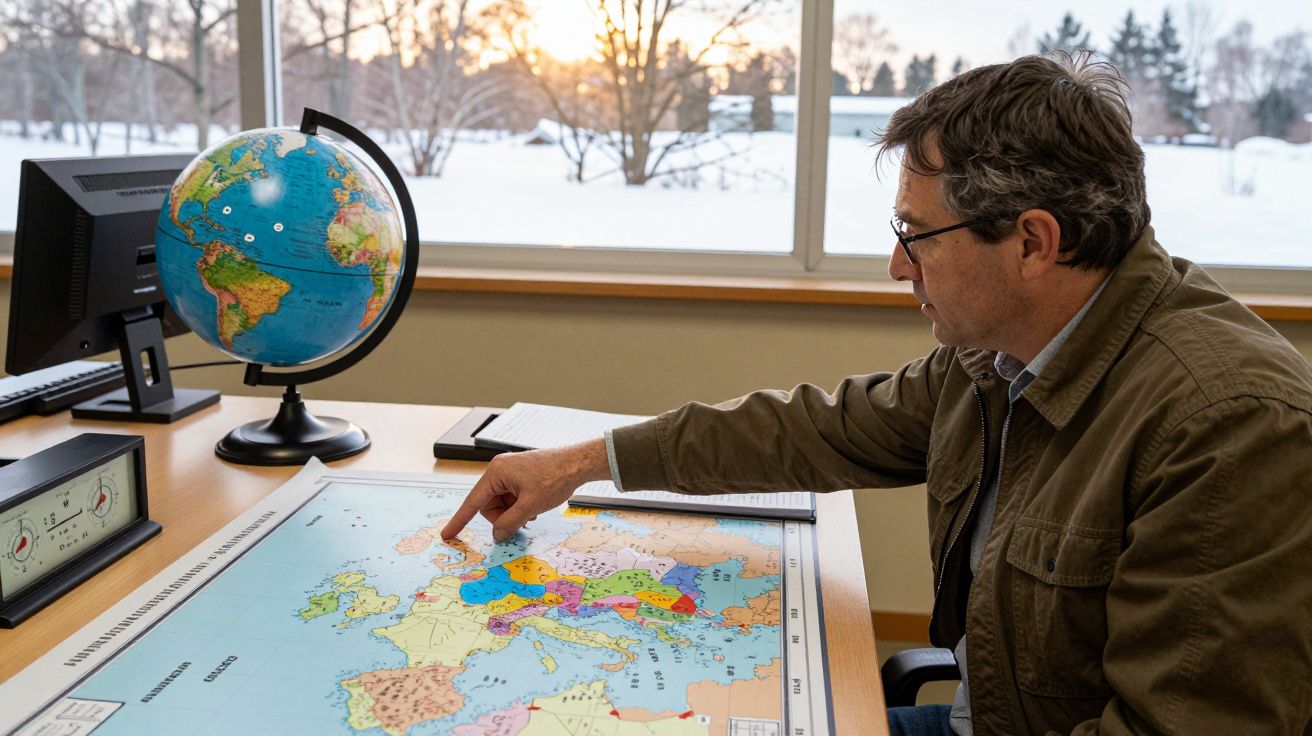 Homem aponta mapa da Europa numa mesa, com um globo e computador ao lado, numa sala com vista para paisagem nevada.