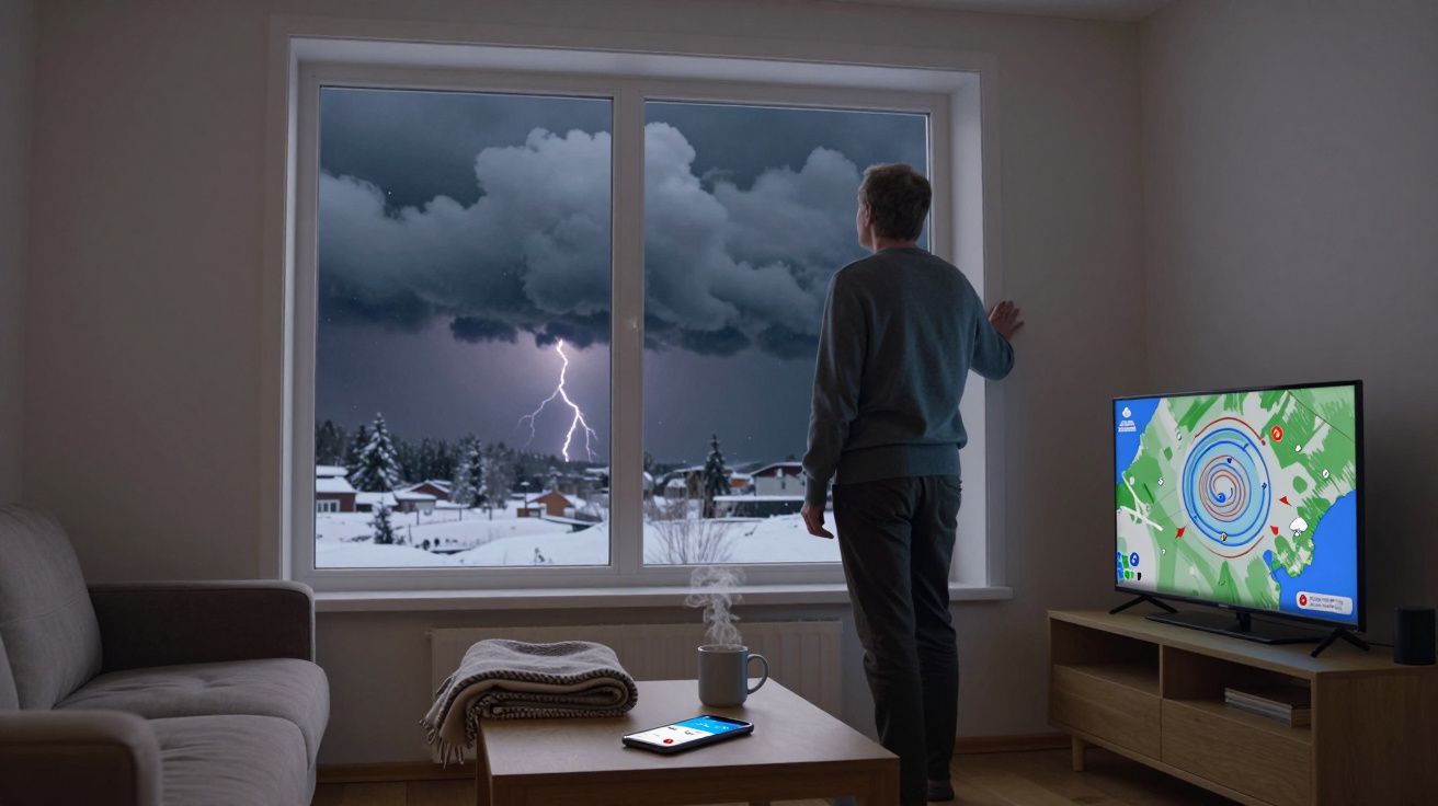 Homem a olhar pela janela para tempestade de relâmpagos. Casa com sofá, televisão ligada e tablet na mesa.