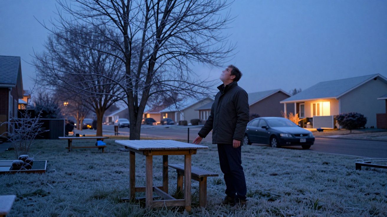 Homem de pé ao lado de uma mesa no jardim, a olhar para o céu, durante o entardecer numa rua residencial.