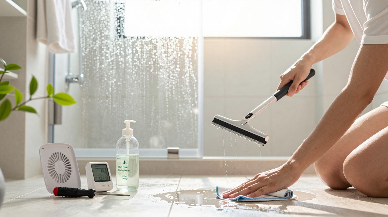 Pessoa a limpar chão molhado na casa de banho com rodinho e pano, ao lado de termómetro, ventoinha e detergente.