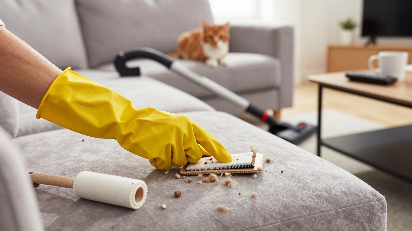 Pessoa com luvas amarelas limpa sofá cinzento com escova e rolo adesivo, gato laranja ao fundo.