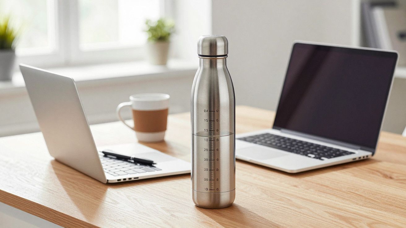 Garrafa de metal sobre mesa de madeira com dois portáteis abertos e uma chávena ao fundo.