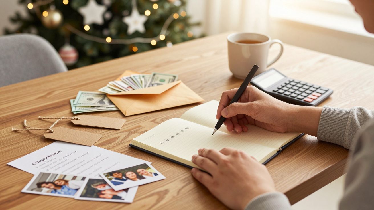 Pessoa faz anotações em um caderno, com dinheiro, calculadora e fotos sobre a mesa, árvore de Natal ao fundo.