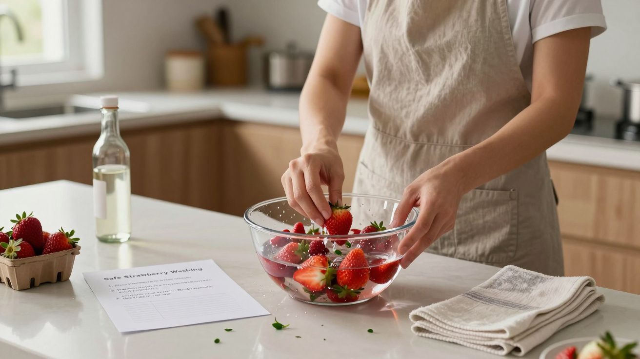 Pessoa a lavar morangos numa taça de vidro na cozinha, ao lado de um pano, garrafa e caixa de cartão com morangos.
