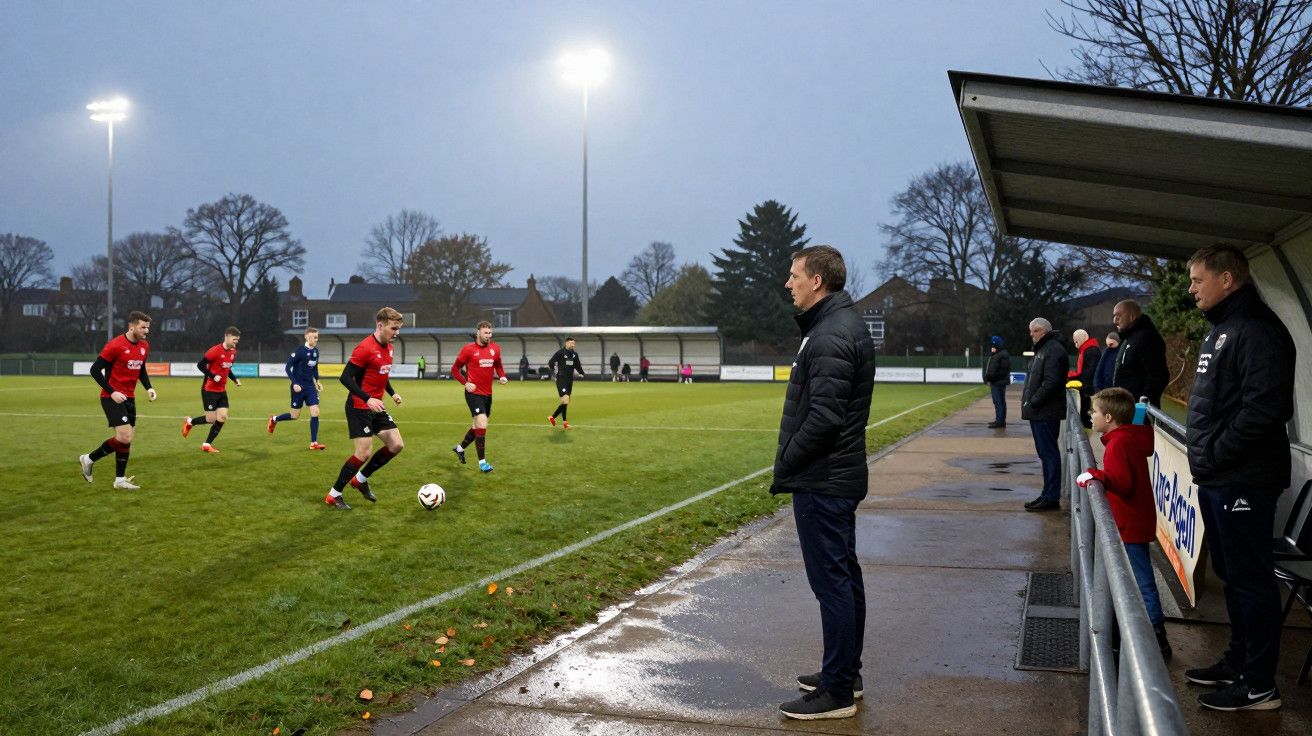 Jogo de futebol ao entardecer com jogadores em campo e técnicos observando da lateral sob luzes artificiais.