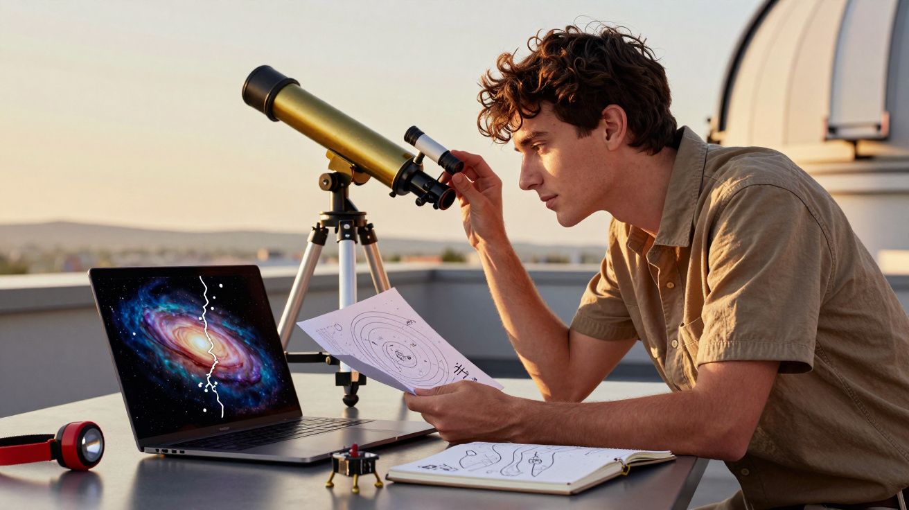 Jovem observa o céu com telescópio num terraço, enquanto consulta laptop e mapa estelar.