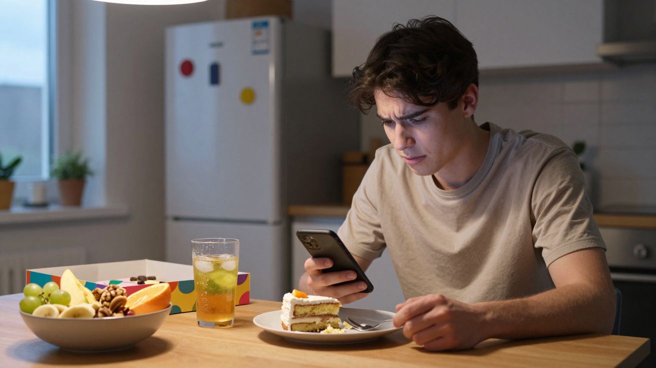 Jovem sentado à mesa, olhando para o telemóvel, com uma fatia de bolo e bebida. Fruta ao lado.