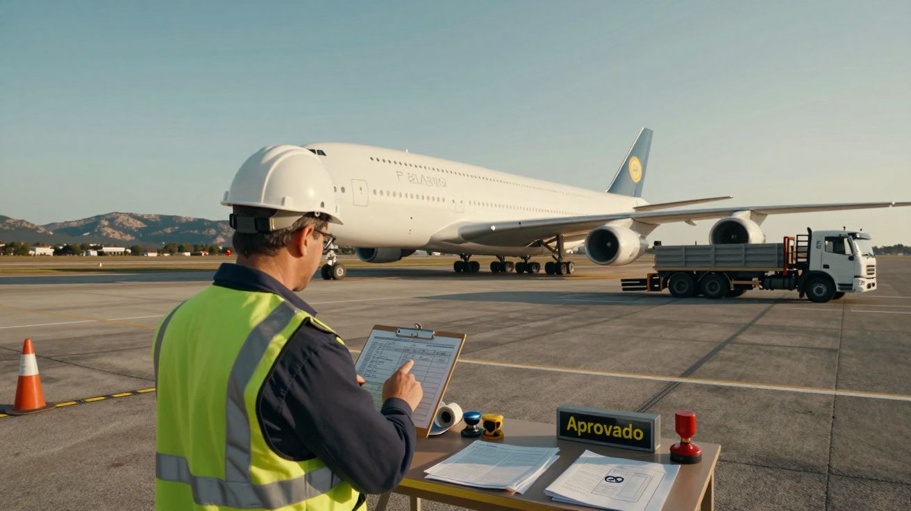 Funcionário no aeroporto com colete e capacete verifica documentos enquanto um avião está estacionado na pista.