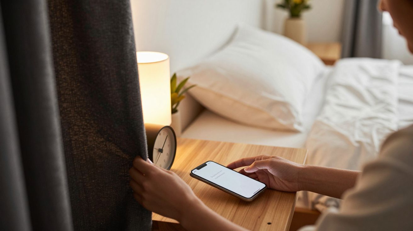 Pessoa a fechar cortina perto de cama com mesa de cabeceira, telemóvel e despertador.