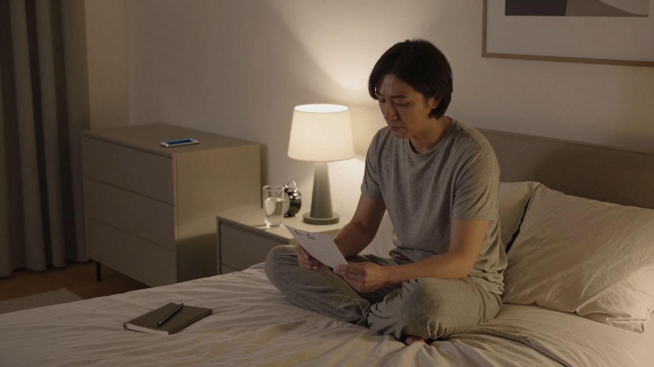 Homem sentado na cama a ler um documento, ao lado de uma cómoda com um candeeiro e um telemóvel.