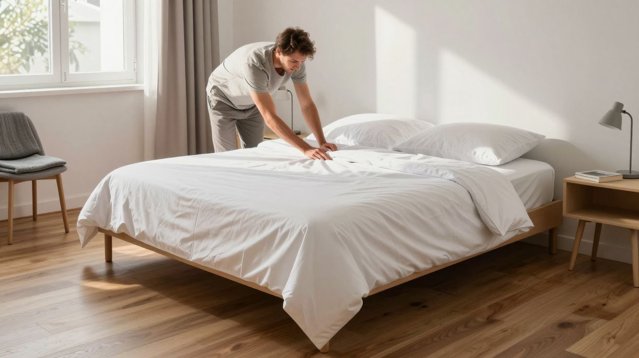 Homem a fazer a cama num quarto arejado, com luz natural a entrar pela janela.