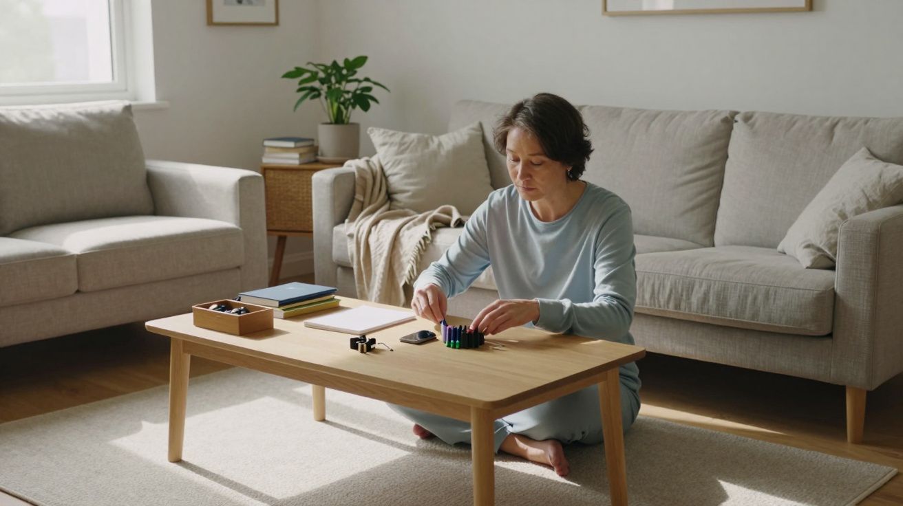 Pessoa sentada no chão a montar peças coloridas numa mesa de madeira, numa sala de estar bem iluminada.