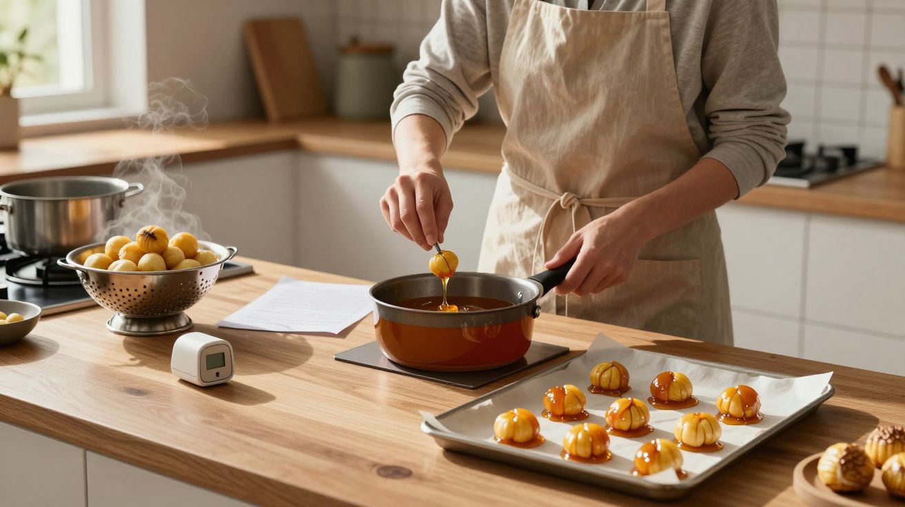 Pessoa a preparar doces caramelizados numa cozinha moderna, com tabuleiro de sobremesas à frente e tachos ao fundo.