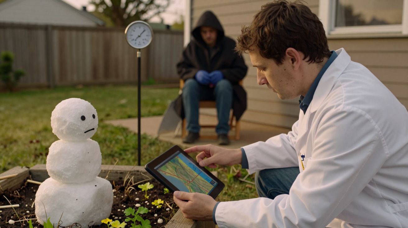 Homem em bata branca usa tablet junto a boneco de neve. Outro homem observa ao fundo com luvas e capuz.