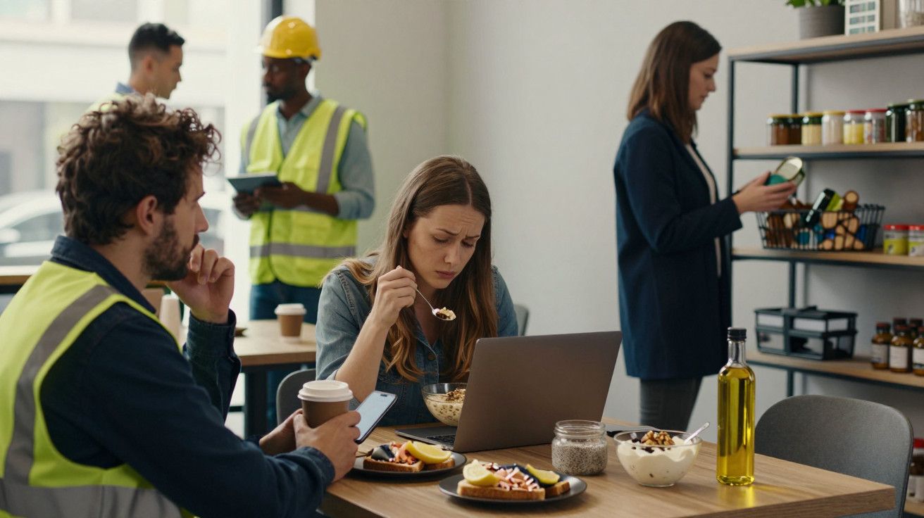 Sala de refeições com pessoas em pausa; mulher ao computador, homem com café e trabalhador de colete refletor.
