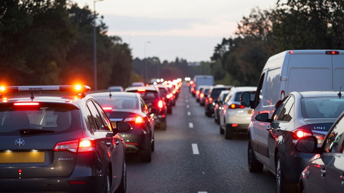 Trânsito intenso em estrada com várias filas de carros parados, luzes dos travões acesas ao entardecer.