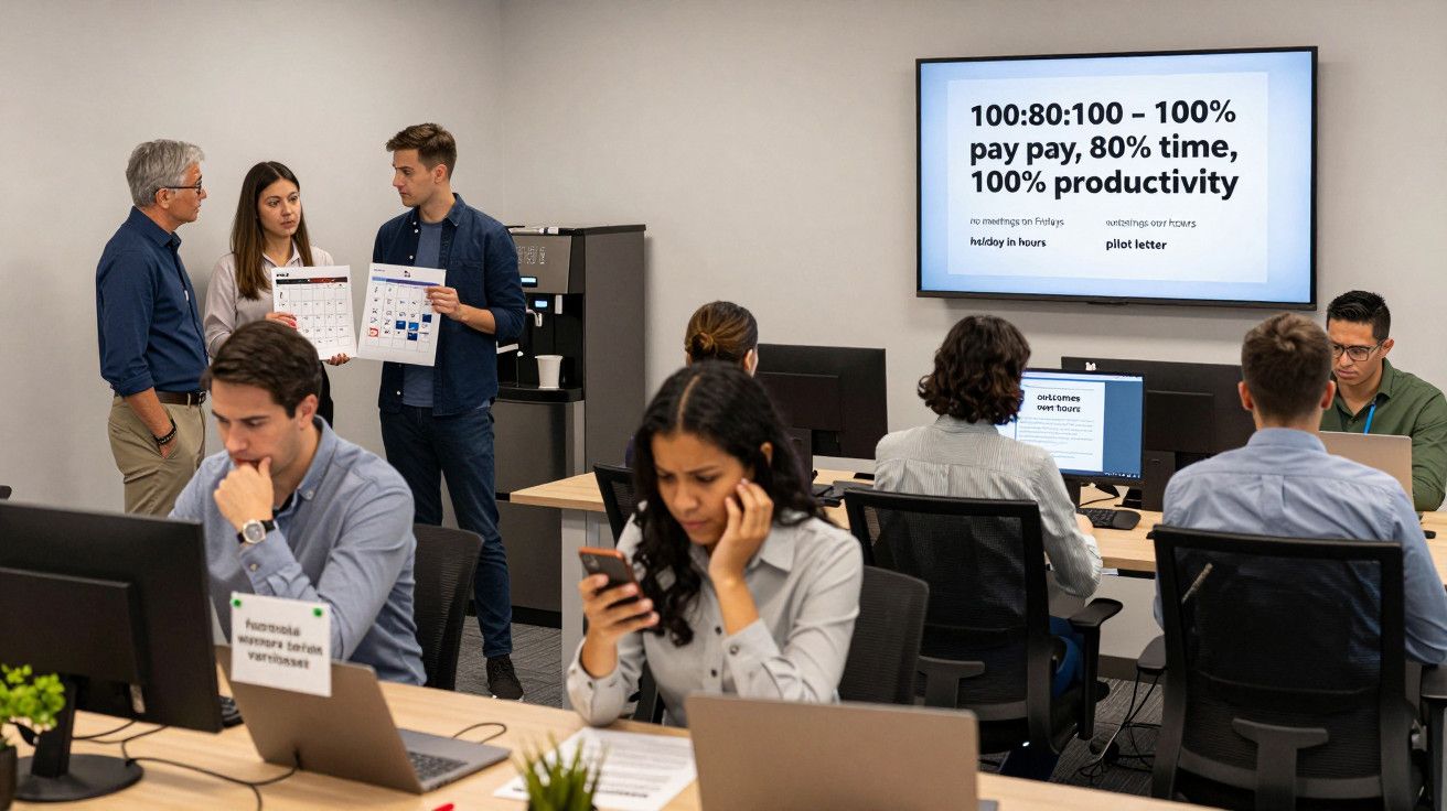 Pessoas num escritório, em reunião e trabalhando em computadores; tela ao fundo exibe texto sobre produtividade.