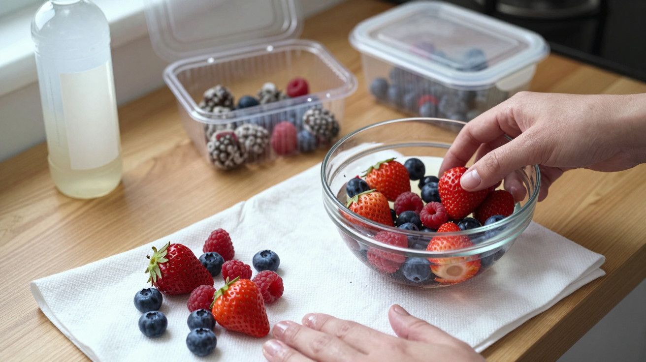 Mãos selecionam morangos, framboesas e mirtilos de uma taça de vidro sobre uma mesa de madeira.