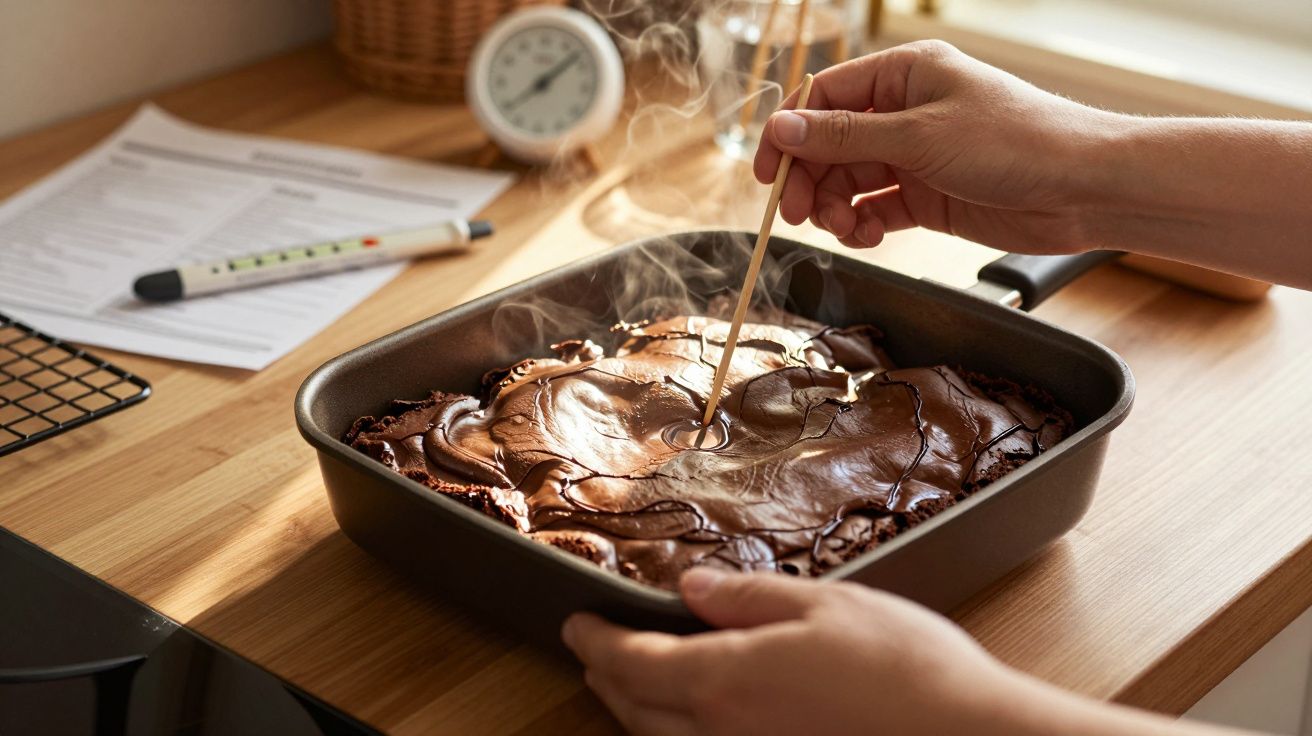 Mãos seguram um palito a verificar a cozedura de um bolo de chocolate acabado de sair do forno.