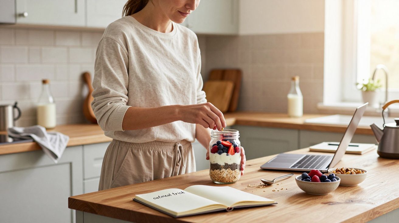 Mulher prepara parfait de iogurte com frutas numa cozinha moderna, enquanto consulta um caderno e laptop na bancada.