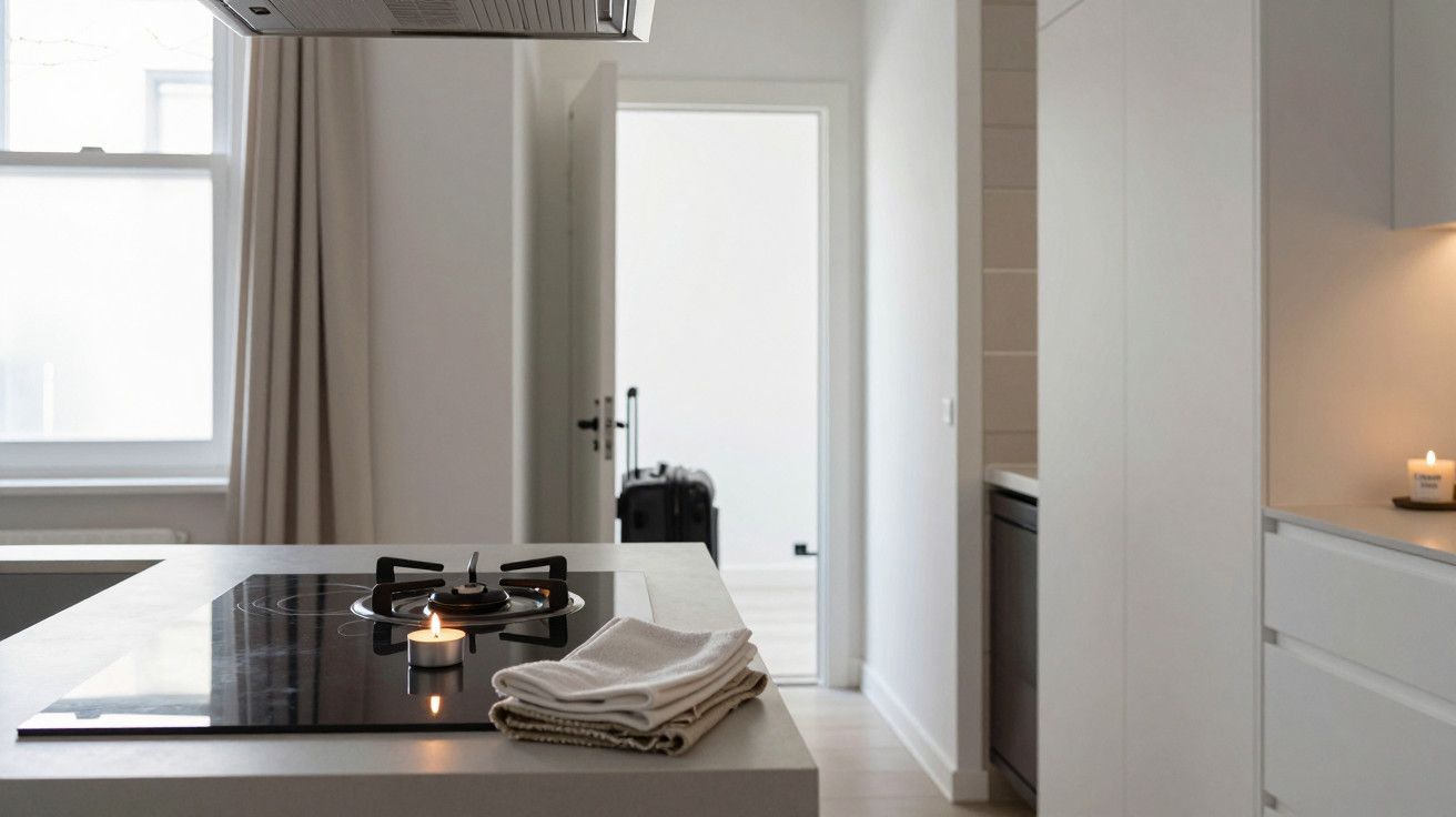 Cozinha minimalista com fogão, toalhas dobradas e vela, aberta para corredor iluminado com mala ao fundo.