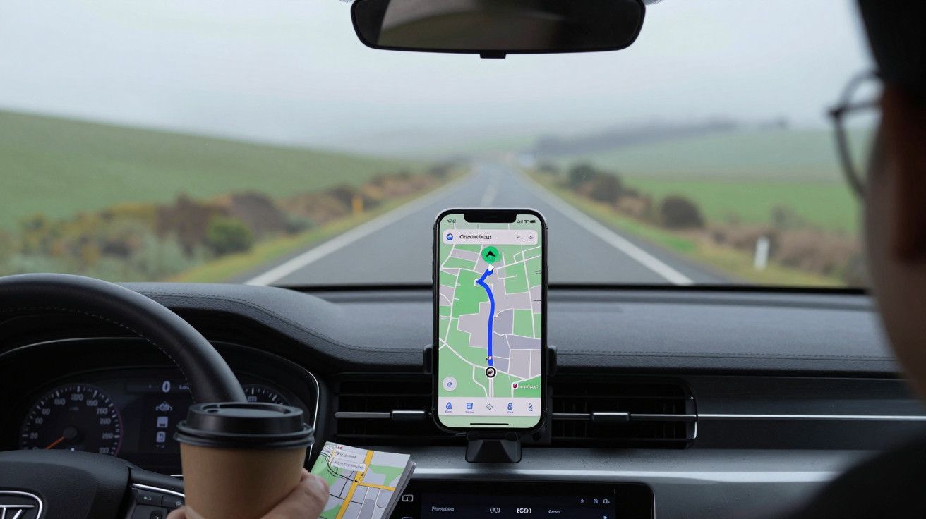 Condutor a usar GPS num telemóvel montado no carro, estrada deserta à frente.